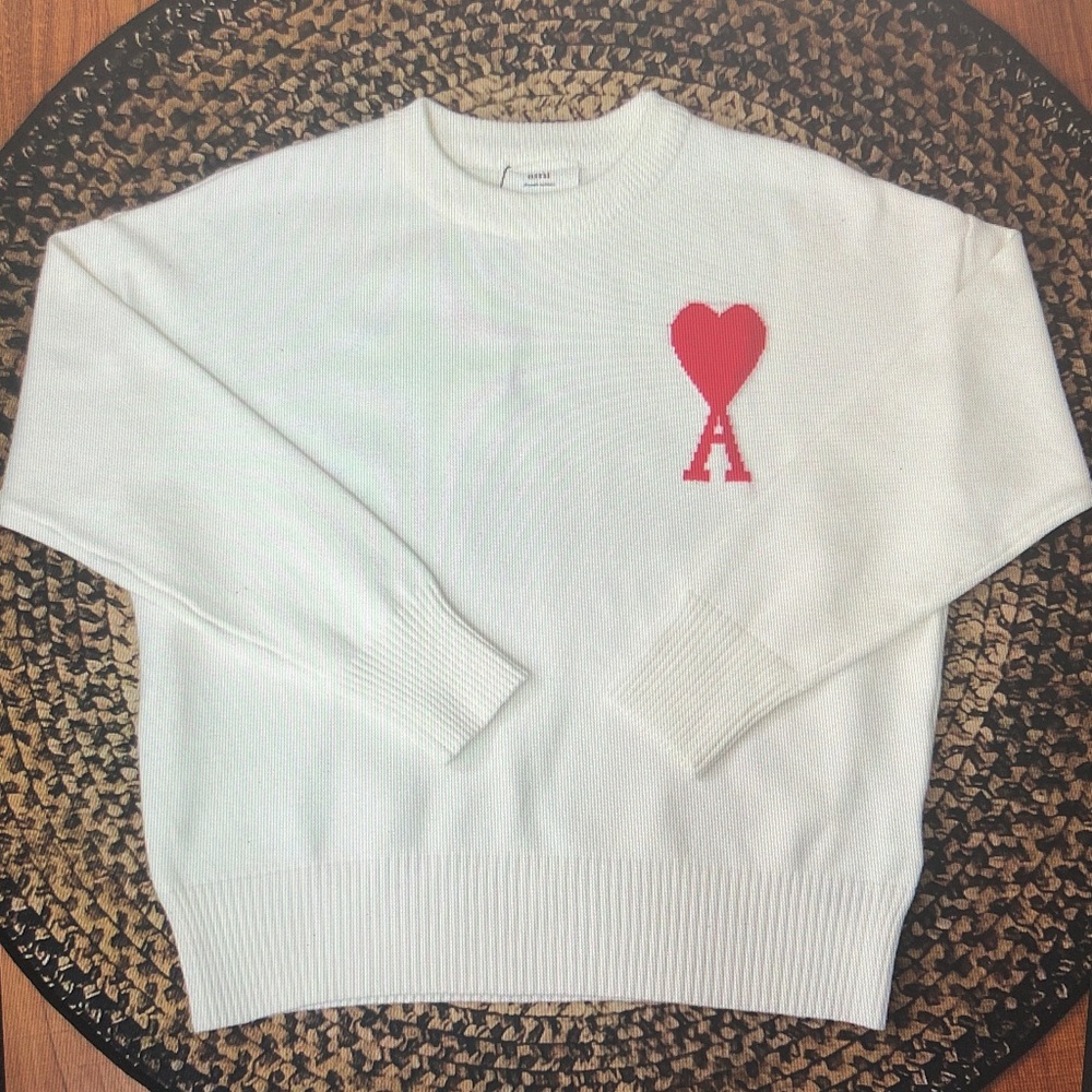 Ami White Sweater with Red Heart Accent